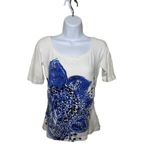 St. John White Floral Rayon Stretch Short Sleeve Blue Floral Tee Top Sz P